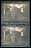 cca 1915 Katonák tábori konyha szekér előtt, 2 db egyforma fotó felületi sérülésekkel, 5,5×7 cm