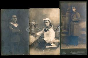 cca 1914 Tengerészek, k.u.k. Kriegsmarine, 3 db fotó, 14×9 és 16×8 cm