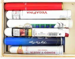 60 db különféle laminált szivargyűrű + 6 db különféle szivarkapszula, kettőben eredeti szivar. Fa sz...