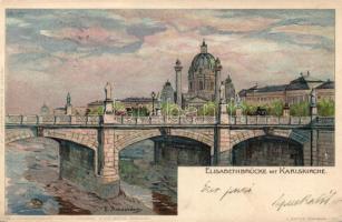 Vienna Elisabeth bridge and Karlskirche litho s: E.Ameseden