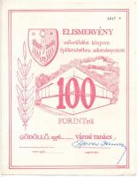 Gödöllő 1976. "Elismervény a művelődési központ építéséhez adományozott 100Ft-ról" T:XF,VF