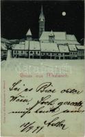 1899 (Vorläufer) Medgyes, Mediasch, Medias; Fő tér télen este, Rothschild üzlete. Fritz Guggenberger kiadása / main square in winter at night, shops