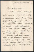 1914 Edvi Illés Aladár (1870-1958) Munkácsy-díjas festőművész, grafikus, főiskolai tanár, autográf levele ismeretlen személy részére, benne köszönetnyilvánító soraival, hogy "lehetővé tette a tulajdonában lévő képem kiállítását Velencében." Autográf aláírásával, 1,5 beírt oldal.