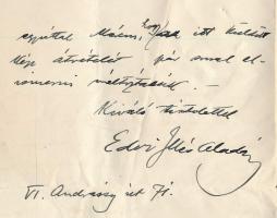 1914 Edvi Illés Aladár (1870-1958) Munkácsy-díjas festőművész, grafikus, főiskolai tanár, autográf l...