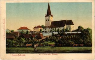 1906 Nagysink, Gross-Schenk, Cincul Mare, Cincu; Ev. Kirche and Schule / evangélikus templom és iskola. Josef Hammer kiadása / Lutheran church and school (fl)