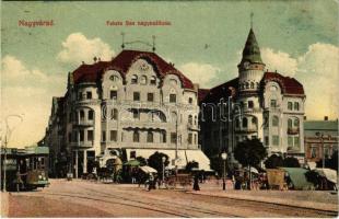 Nagyvárad, Oradea; Fekete Sas szálloda, piac, villamos Ernyei Lajos üzlete, Magyar bank. Sipos József kiadása / hotel, market, shops, tram, bank