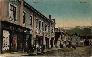 Ruttka, Vrútky; Fő utca, Fisch testvérek és Szétsényi Ferenc üzlete. Vasúti levelezőlapárusítás 12-1918. / main street, shops