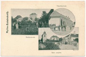 Nyitrazsámbokrét, Zabokreky nad Nitrou, Nitranskych Zabokriek; Petrikovits lak, kastély, takarékpénztár, Katolikus templom. Kurcz és Társa ph. / castle, savings bank, church (EK)