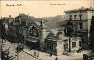 Katowice, Kattowitz; Bahnhof, Hauptportal / railway station, automobile