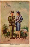 Légügyi tanácskozás. Magyar pilóta és repülőgépek / WWII Hungarian military humour art postcard, pilot flirting with lady s: Pammer