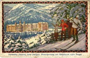 1911 Semmering, Hotel Panhaus, Wintersportplatz und Höhenkurort ersten Ranges / winter sport, skiers, sled / Téli sport művészlap, síelők és szánkózók s: E. Kutzer (EB)