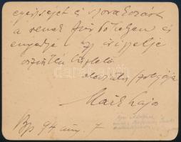 1894 Márk Lajos (1867-1940) festőművész autográf sorai kártyán, Ágai Adolf (1836-1916) humorista, a ...