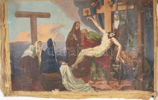 Olvashatatlan jelzéssel, XX. sz. eleje: 5 db Jézus keresztútját és a sírbatételt ábrázoló festmény. ...