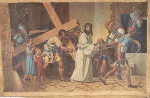 Olvashatatlan jelzéssel, XX. sz. eleje: 5 db Jézus keresztútját és a sírbatételt ábrázoló festmény. ...
