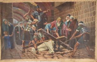 Olvashatatlan jelzéssel, XX. sz. eleje: 5 db Jézus keresztútját és a sírbatételt ábrázoló festmény. ...