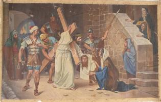 Olvashatatlan jelzéssel, XX. sz. eleje: 5 db Jézus keresztútját és a sírbatételt ábrázoló festmény. ...