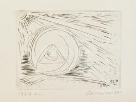 1967 Borsos Miklós (1906-1990):Napfényyben, rézkarc, papír, jelzett, 8x10,5 cm. Borítékkal, rajta a ...