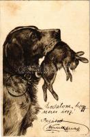 1901 Vadászkutya nyúllal. Dombornyomott litho / Hunting dog with rabbot. Embossed litho (fl)