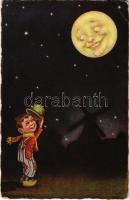 1930 Olasz művészlap, kisfiú és hold este / Italian art postcard, boy and the moon at night. G.A.M. 1903-2. s: Colombo (EK)