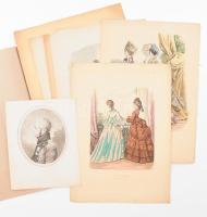6 db női divatkép, színezett rézmetszetek, XIX. sz. második fele. Vegyes méretben és állapotban. + V...