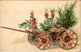 Üdvözlőlap virágos szekérrel / Greeting with flower cart. litho