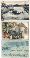 5 db régi külföldi képeslap vegyes minőségben: HB sör reklám, Trieszt, 2 Tiroli litho lap, belga lóverseny / 5 pre-1945 European postcards in mixed quality: HB beer advertisement, Trieste, 2 Tirol litho, Belgian horse race