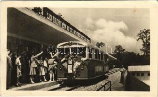 1954 Budapest II. Úttörővasút, Húvösvölgyi állomás "Éljen példaképünk, népünk nagy vezére, a magyar gyermekek szeretett édesapja Rákosi Mátyás!" felirattal, feldíszített vonattal. Képzőművészeti Alap Kiadóvállalat + "BUDAPEST SZÉKESFŐVÁROSI ÚTTÖRŐ POSTAKEZELŐHELY" (EK)