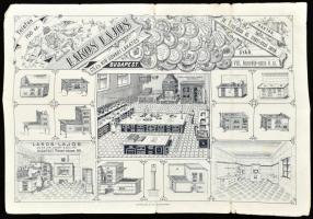 cca 1900 3 db dekoratív rekám nyomtatvány: Lakos Lajos tűzhelyek, Lutz Ede lakk és festék gyára, Kug...