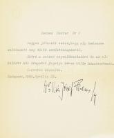 1935 Habsburg-Lotaringiai József Ferenc főherceg (1895-1957) gépelt köszönő sorai, 40. születésnapi köszöntése alkalmából, címeres papíron, autográf aláírásával, Völgyesi Ferenc (1895-1967) orvos, pszichiáter és hipnotizőr részére.