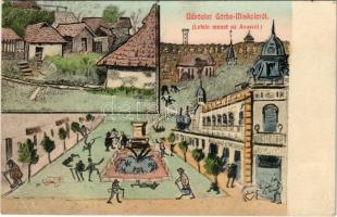 1912 Miskolc, (Görbe-Miskolc), Lefelé menet az Avasról, gyógyszertár. Grünwald Ignác kiadása - humoros rajz (EK)