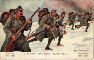 1917 Weltkrieg 1914-1916 - K.u.K. Inft.-Regt. Kaiser Wilhelm Nr. 34. Verlag K.u.K. Kmdo. der 27. Inf. Trp. Dion. / WWI Austro-Hungarian military art postcard, 34th Infantry Regiment, support fund / A tiszta jövedelem a Kárpátokban elpusztított falvak újjáépítésére és a második hadsereg legénységi özvegyei és árvái alapítványára fordították s: Hans Larwin (fa)