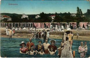 1912 Crikvenica, Cirkvenica; strand fürdőzőkkel / sea beach with bathing people (fa)