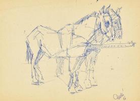 Durkó Gábor (1916-2003): Lovak és lovasszekér, 1950 (2 db rajz egy lapon). Golyóstoll, papír. Jelzet...