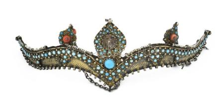 Üzbég fejdísz, türkizekkel, hiányos