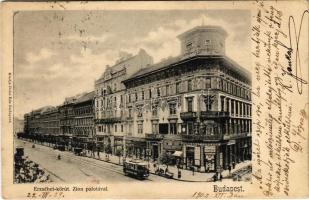 1902 Budapest VII. Erzsébet körút a Zion palotával (1944-ben sárga csillagos ház volt), villamos, Hajnal Jánosné, Dobó Ede üzlete és saját kiadása (EK)