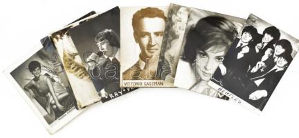 Vegyes külföldi színész/énekes fotó, közte hölgyek, és férfiak is, fotók és nyomatok vegyesen, 9 db, Beatles, Ray Philips, Vittorio Gassman, Gina Lollobrigida, Claudia Cardinale, és mások, cca 9x6 cm