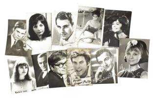 Vegyes magyar színész/énekes fotó, közte hölgyek, és férfiak is, fotók és nyomatok vegyesen, 11 db, Darvas Iván, Sinkovits Imre, Szörényi Levente, Huszti Péter, Ernyei Béla, Kovács Kati, Béres Ilona és mások, cca 9x6 cm és 7x10 cm közötti méretben