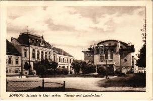 Sopron, Színház és Liszt szobor, Petőfi tér, Legényegylet háza. Lobenwein Harald Fotoműterme (EK)