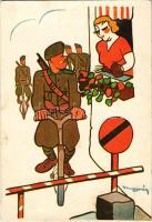 1939 Virágot locsoló hölgy és kerékpáros katona. Bruck Mihály kiadása / Hungarian military art postcard, lady and soldier with bicycle s: Magyarász (EK)