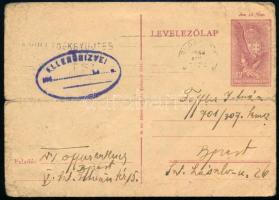 1944. aug. 31 Levelezőlap munkaszolgálatosnak Budapestre, cenzúrázva, érdekes, svéd vízumra vonatkozó tartalommal