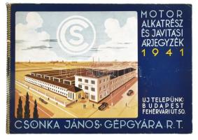 1941 Csonka János Gépgyára Rt. Motor alkatrész és javítási árjegyzék 1941. Bp., 1941., nyn., II+28 p. Haránt-alakú spirálkötés, az elülső borító leszakadt, a hátsó borító hiányzik.