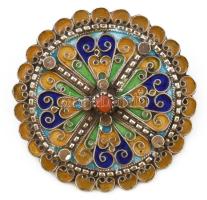 Ezüst(Ag) zománcozott bross, jelzett, d: 5 cm, bruttó: 15,1 g