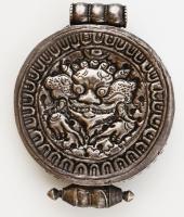 Ezüst(Ag) amulett tartó türkiz és korall díszítéssel, jelzés nélkül, bruttó: 63,7 g