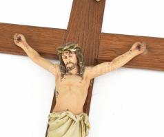 Fa feszület, festett gipsz korpusszal, 70x35 cm, kis kopással