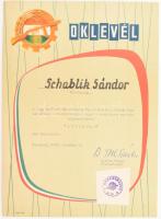 1968 Schablik Sándor tanácsköztársasági forradalmár, munkásőr parancsnok részére kiállított Munkásőr oklevél, B. Tóth Sándor (1924-) a Csepel Művek Munkásőr vezetőjének, későbbi alezredes autográf aláírásával, 30x21,5 cm /