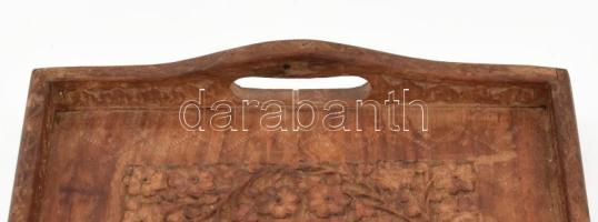 Régi fa tálca, faragott virágmintával, réz berakással díszítve, korának megfelelő állapotban, 38x25x...