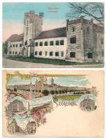 16 db RÉGI főleg hosszú címzéses képeslap vegyes minőségben: magyar és külföldi városok és hölgy mot...