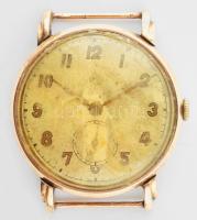 14k arany (Au) tokos régi férfi karóra mechanikus szerezettel, működő, de tistításra szoruló állapotban, piszkos plexivel, jelzett d: 34 mm, br: 29,6 g