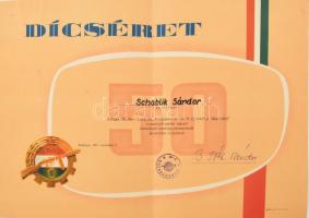 1967 Schablik Sándor tanácsköztársasági forradalmár, munkásőr parancsnok részére kiállított Munkásőr oklevél, B. Tóth Sándor (1924-) a Csepel Művek Munkásőr vezetőjének, későbbi alezredes autográf aláírásával, apró szakadással, hajtásnyommal