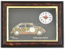 1983 David of London - Volkswagen Beetle (VW Bogár), egyedi, kézműves falióra. Ceruzaelemmel működő, quartz szerkezettel. Hátoldalán eredetiséget igazoló címkével. A kereten kopásnyomokkal, működik 20,5x16,5 cm